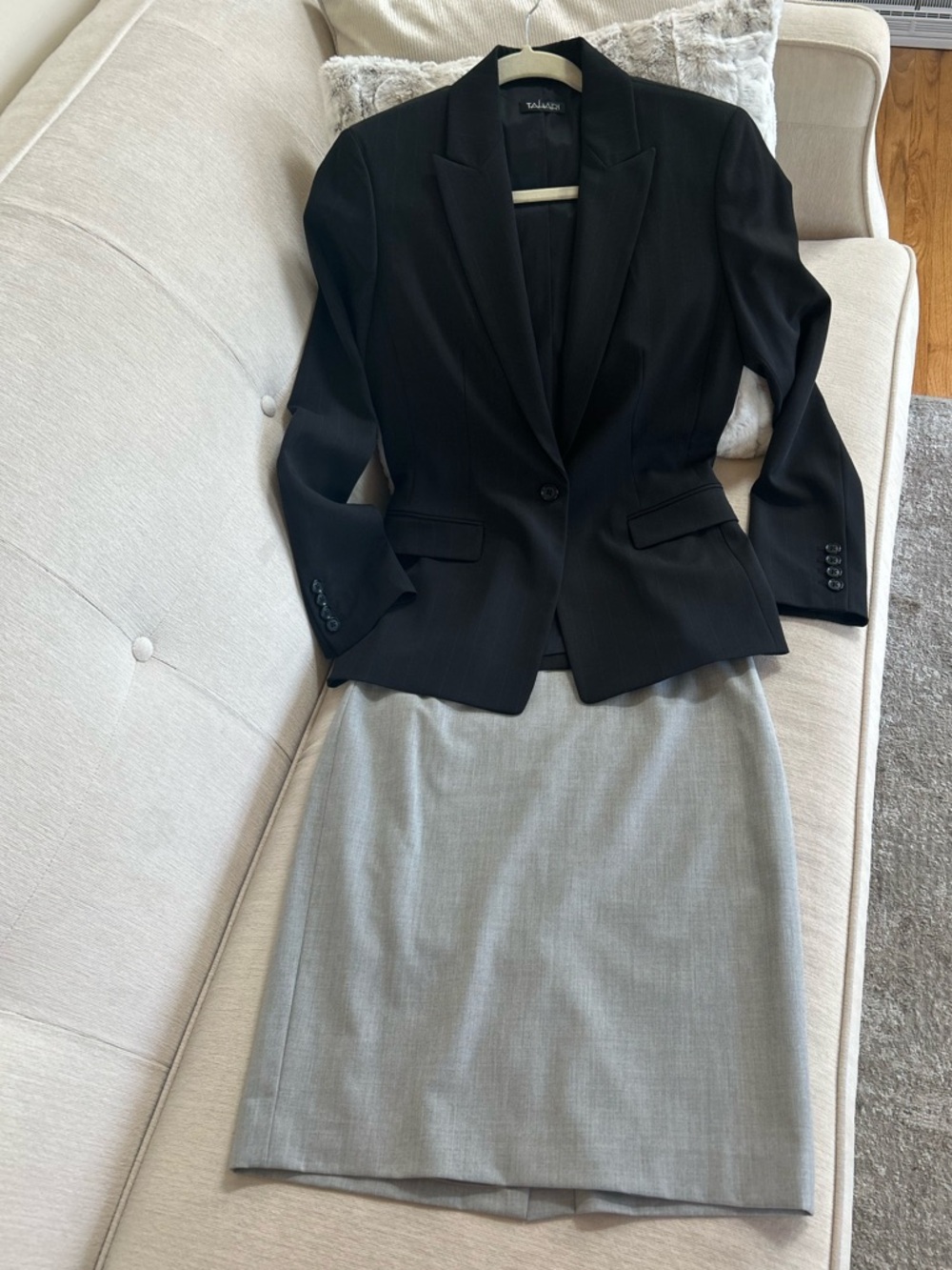 Tahari Black Pinstriped Blazer with Gray Skirt